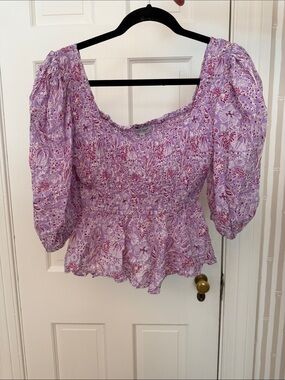 Smocked Lavender Floral Peasant Blouse with Puff Sleeves